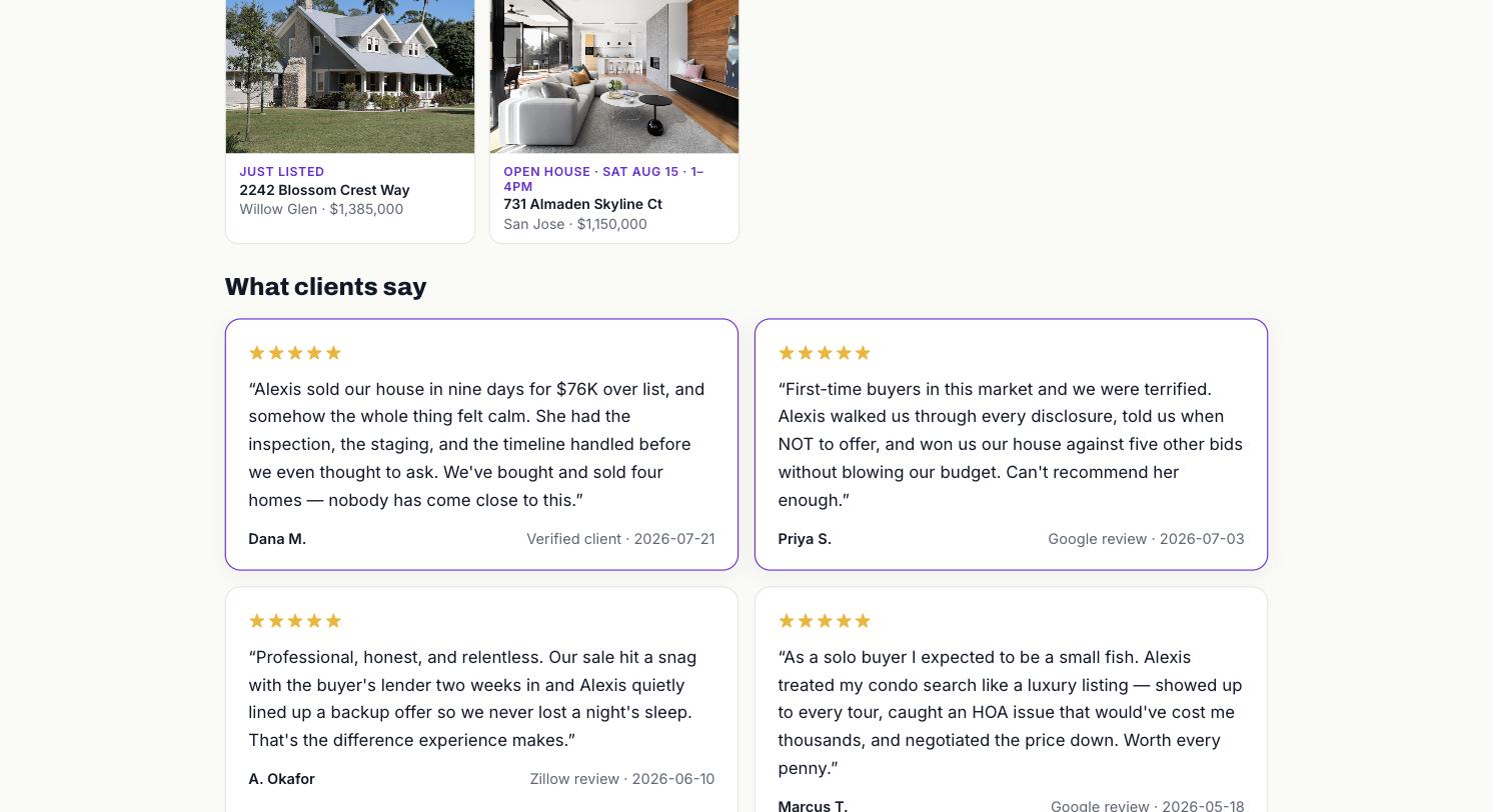 A live agent page: active listings on the market plus verified reviews